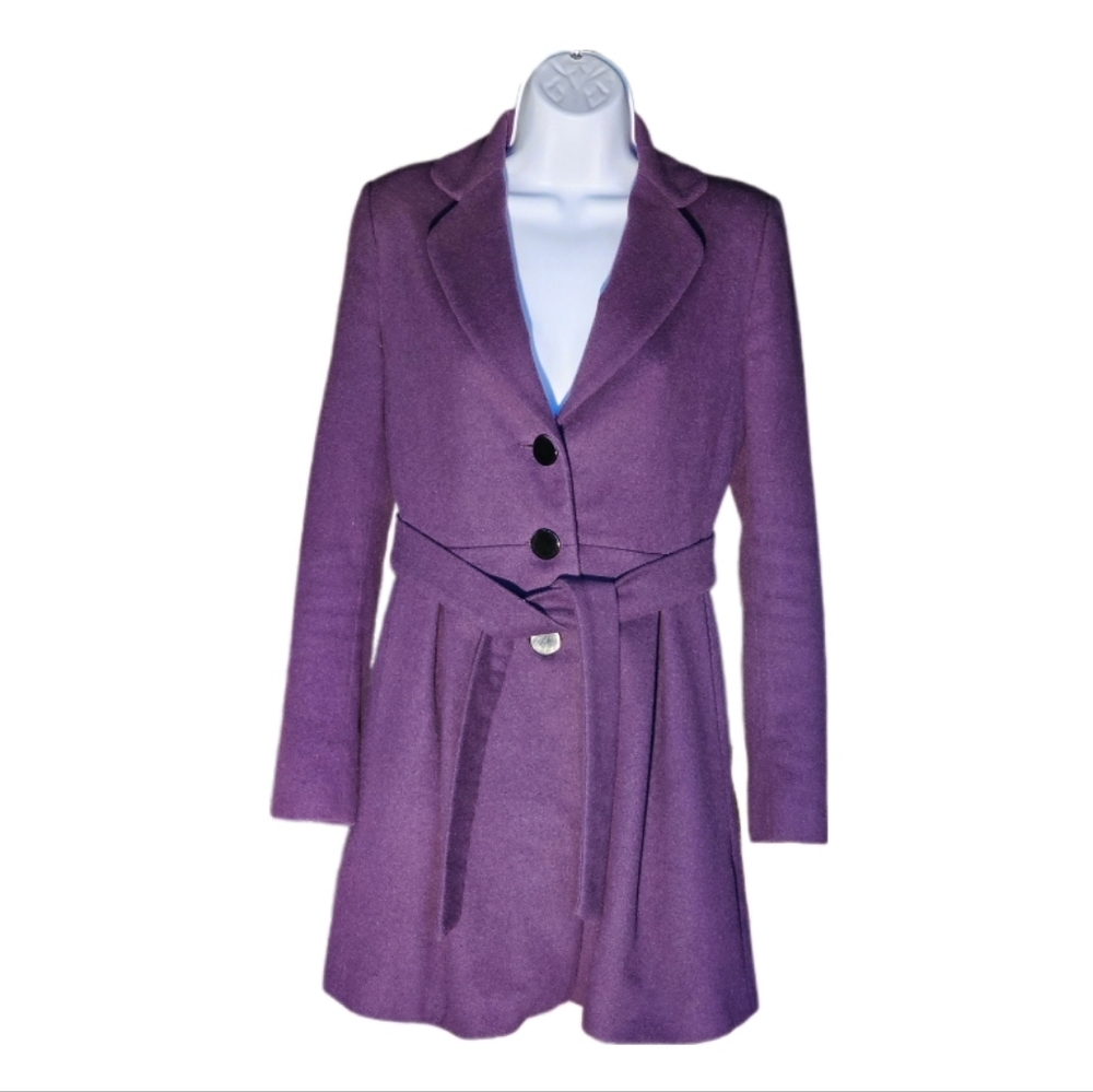 Pure Cashmere Purple Peacoat with pleated skirt and tie belt